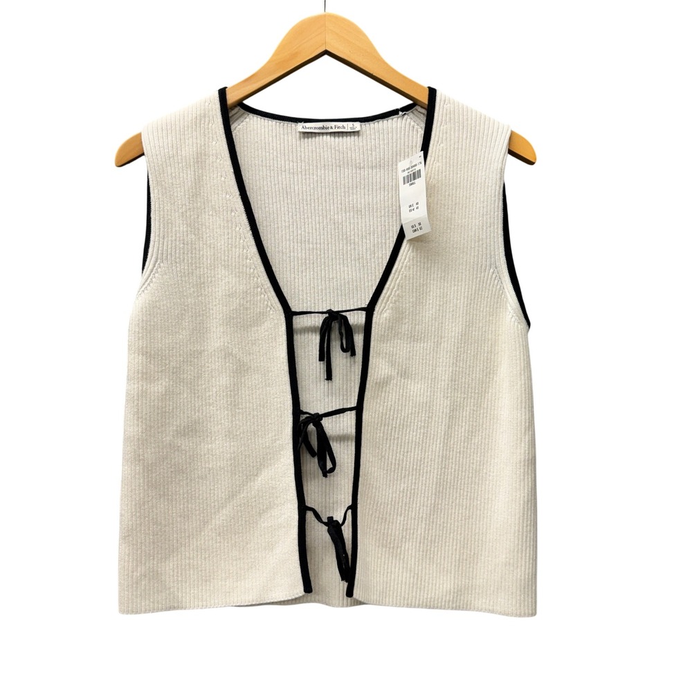 Abercrombie & Fitch Sweater Vest Womens Small Tie Front Ribbed Cream Black NEW